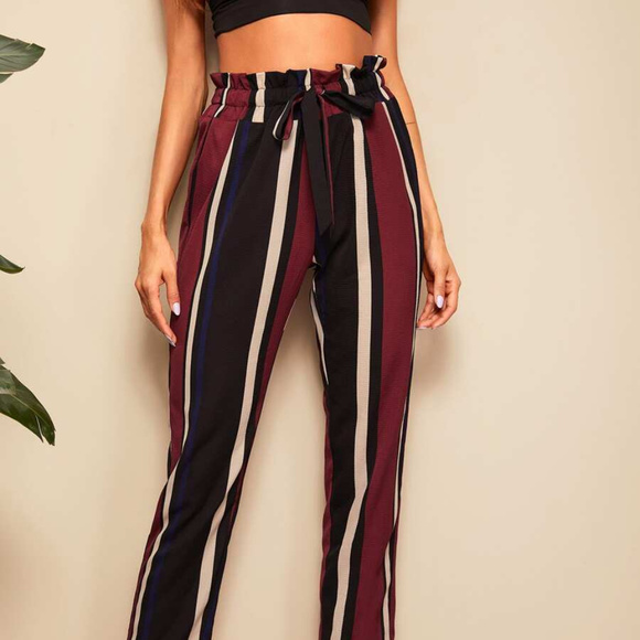 Striped Drawstring Cropped Pants Work Casual Belt - Picture 3 of 6